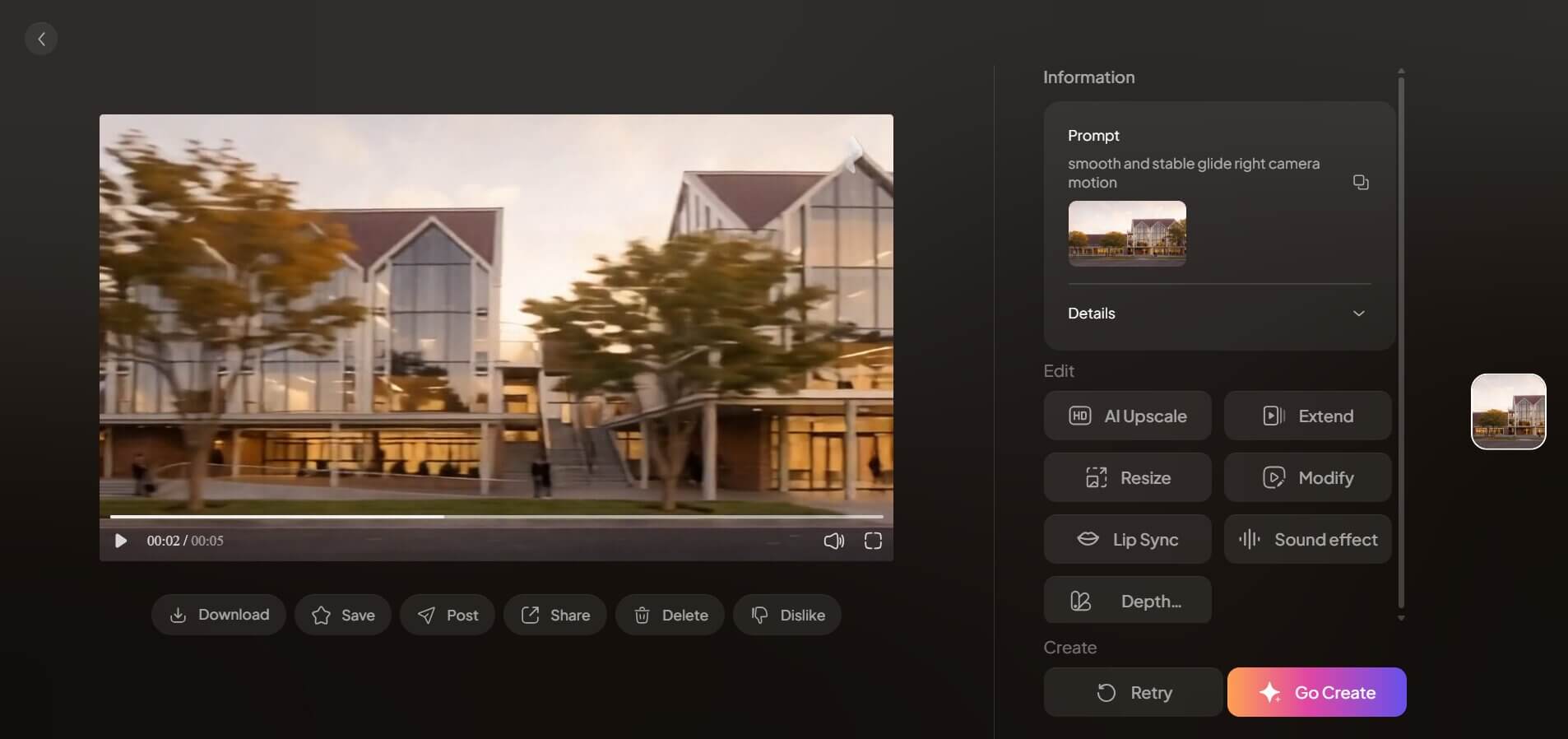 PixVerse video of a glass-fronted building with trees, generated from a glide-right camera prompt, with edit tools such as AI Upscale and Extend