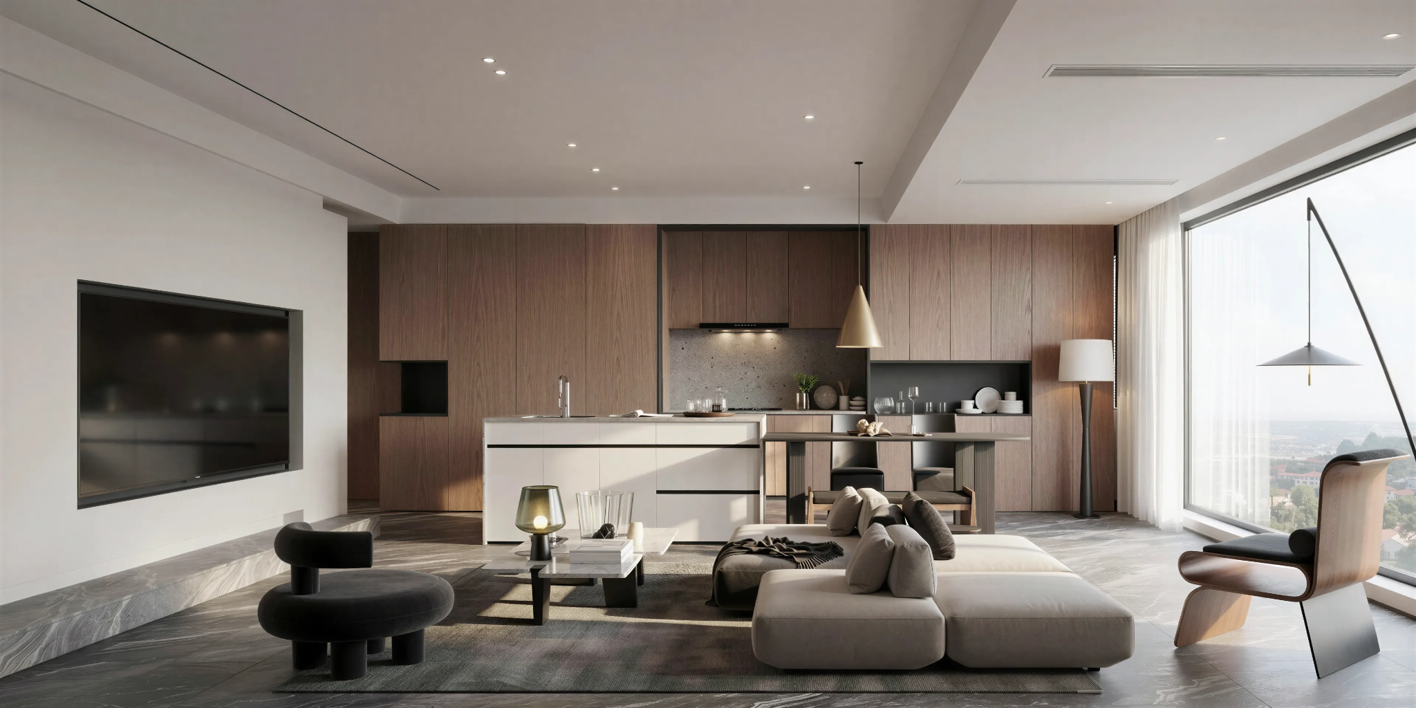 MyArchitectAI Rebuild result with brighter natural light and deeper textures, plus a squared-off ceiling edge above the TV wall