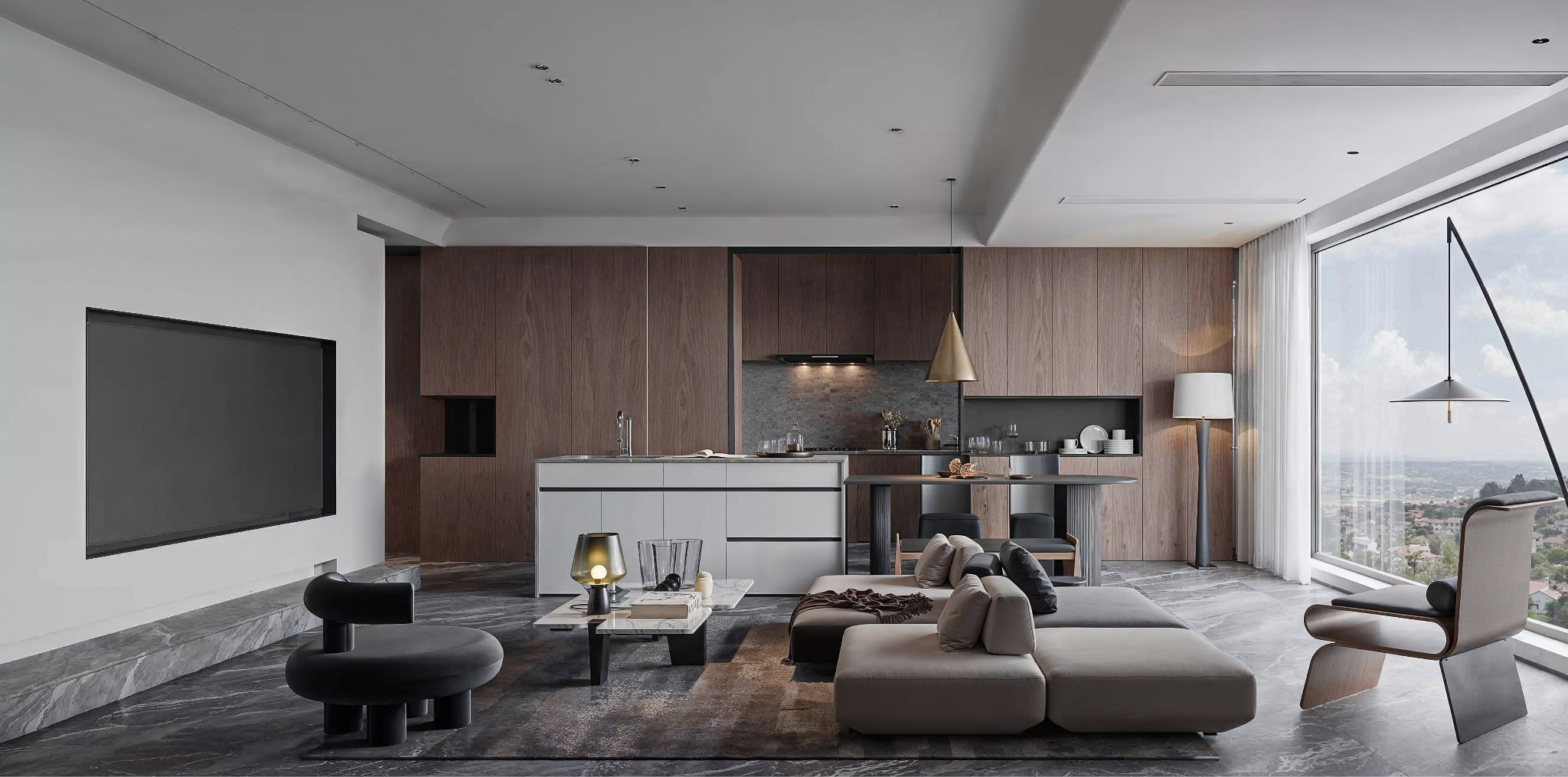 Magnific-enhanced living room render with sharper detail and the original terrazzo kitchen backsplash changed to stacked stone