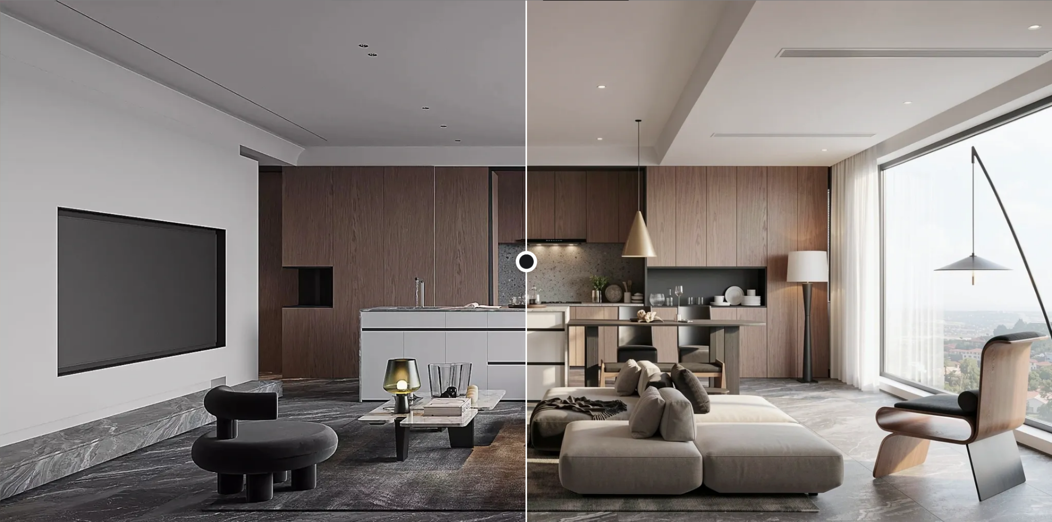 Before-and-after living room render, showing the original on the left and a warmer MyArchitectAI enhancement with richer wood texture on the right