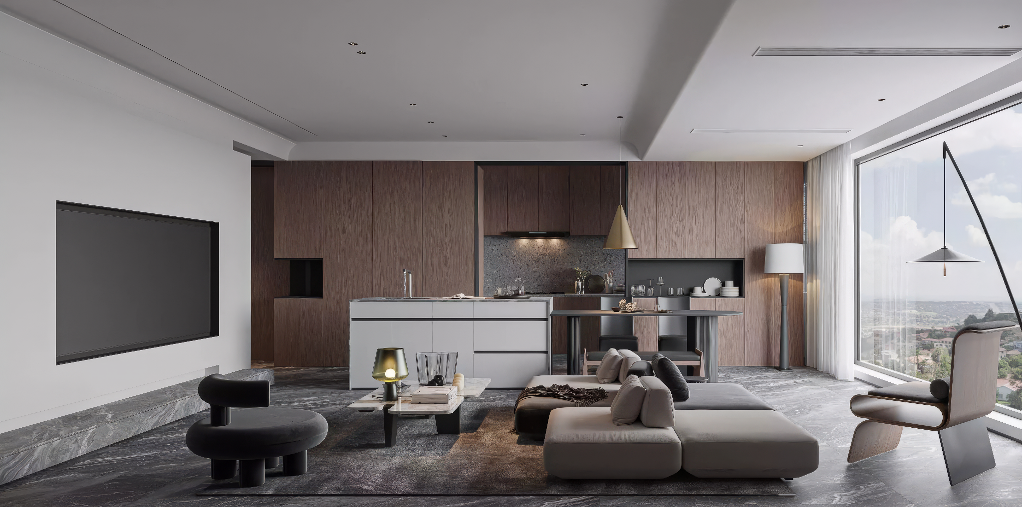 Topaz-enhanced living room render with sharper detail while preserving the original lighting, layout and terrazzo backsplash