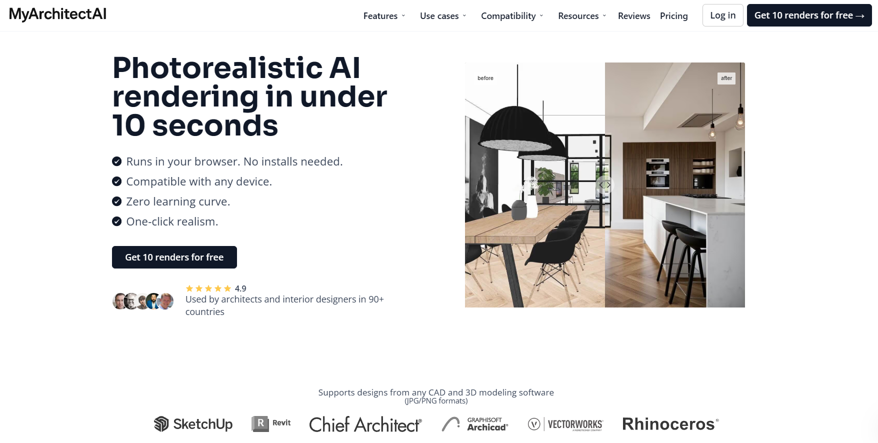 Startseite von MyArchitectAI mit einem Architektur-Rendering