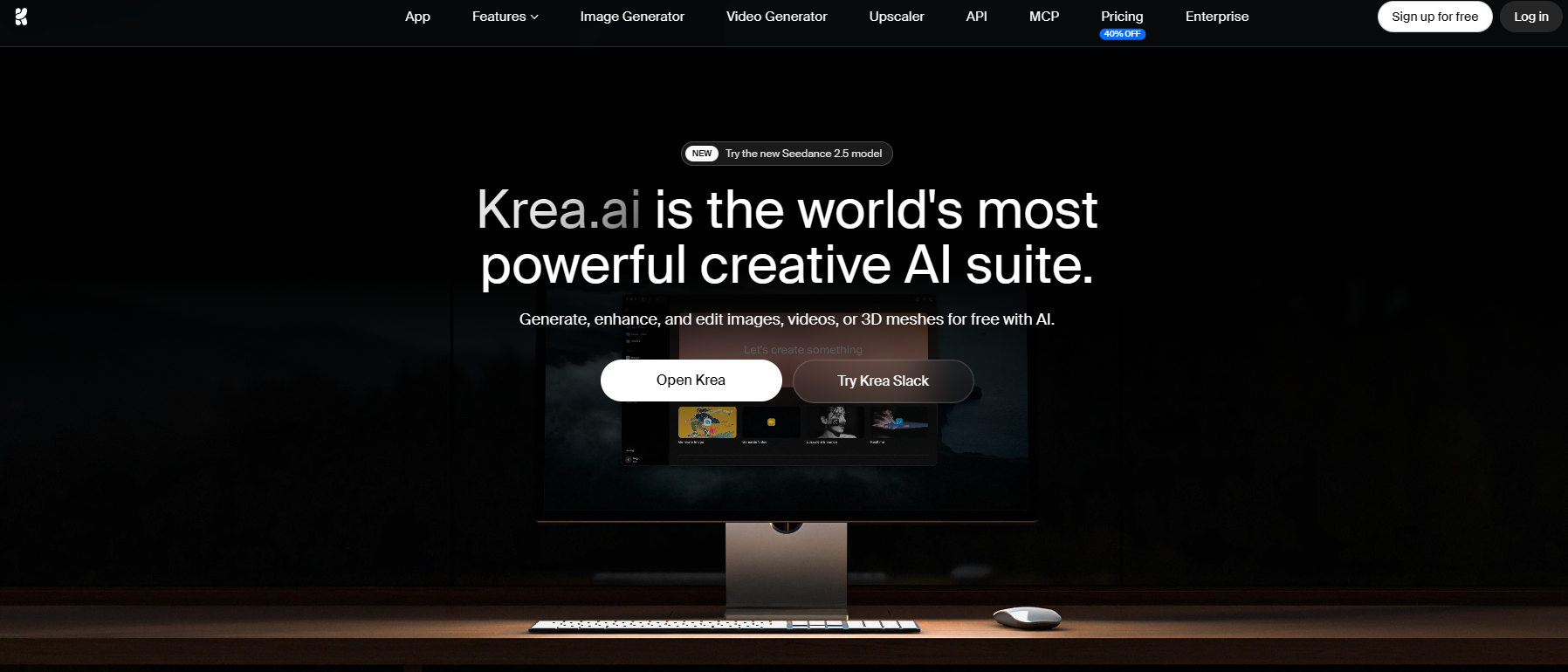 Startseite von Krea AI mit der Vorstellung ihrer KI-Kreativsuite