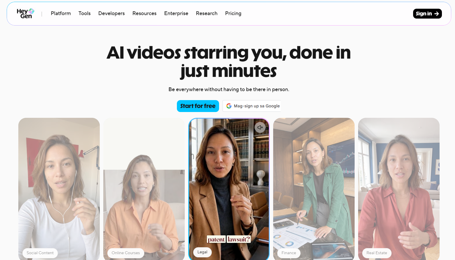Startseite von HeyGen mit KI-Avatar-Videos