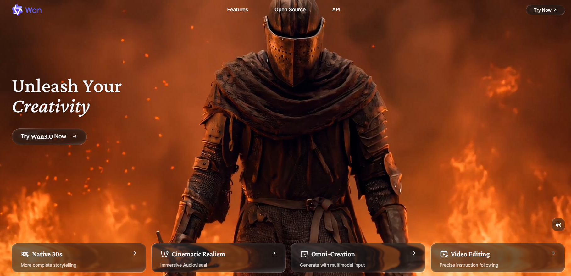 Startseite von Wan AI mit der Videoplattform Wan 3.0