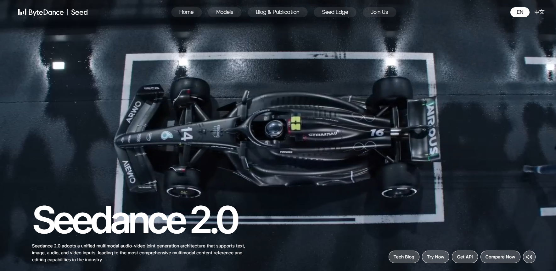 ByteDance-Seed-Produktseite für Seedance 2.0 mit einem Rennwagen im Formel-Stil