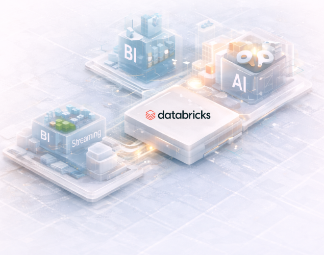 Abstract digital platform with Databricks logo at center connecting blocks labeled BI, Streaming, and AI.
