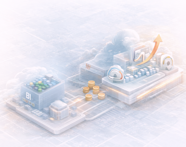 Stylized digital illustration showing interconnected data processing blocks with business intelligence on left, cloud infrastructure in the center, and analytics with upward growth arrow on the right.