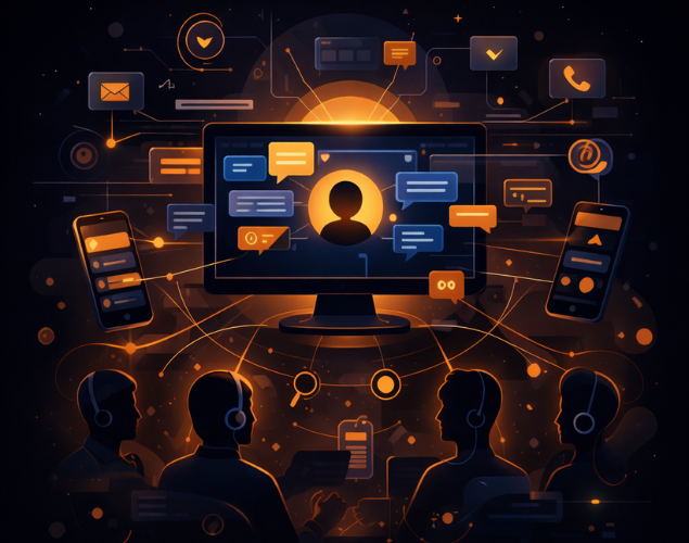3D illustration showing a process flow from Business Intelligence (BI) with data charts, through two people analyzing data on digital screens, toward an AI system with a padlock icon.