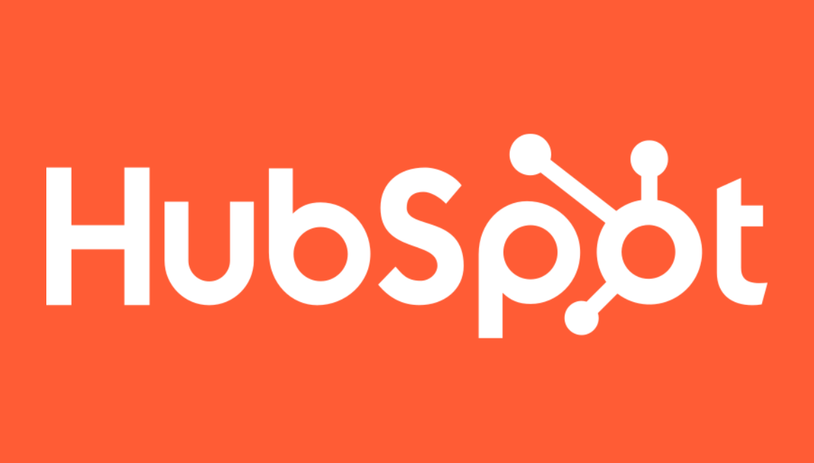 HubSpot logo with white text and connected nodes on an orange background.