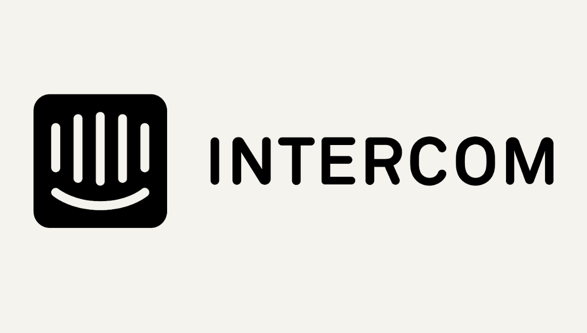 Intercom company logo with a black square icon featuring vertical bars and a curved line next to the word INTERCOM in bold black letters.