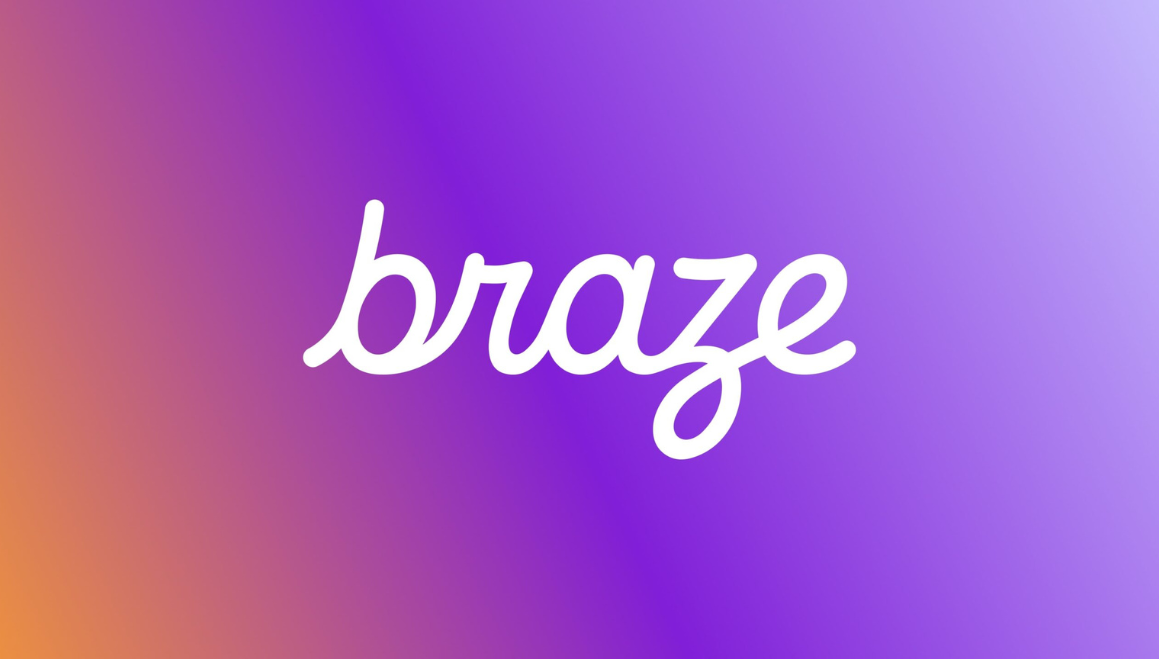 White cursive text 'braze' on a vibrant gradient background blending purple, orange, and light blue.