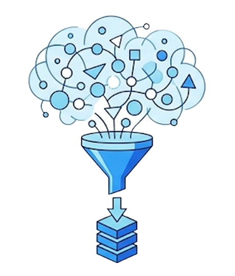 Illustration of interconnected blue circles and shapes flowing into a funnel that outputs stacked blue blocks, symbolizing idea filtering or data processing.
