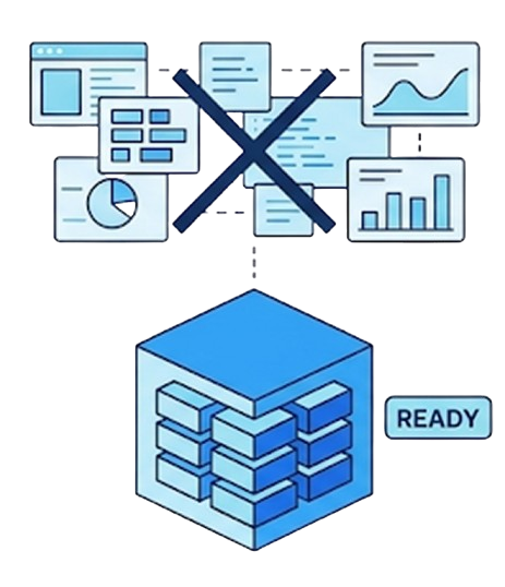 Diagram showing unorganized data with a crossed-out collection of charts and documents above, and organized data represented by a blue cube with drawers labeled READY below.