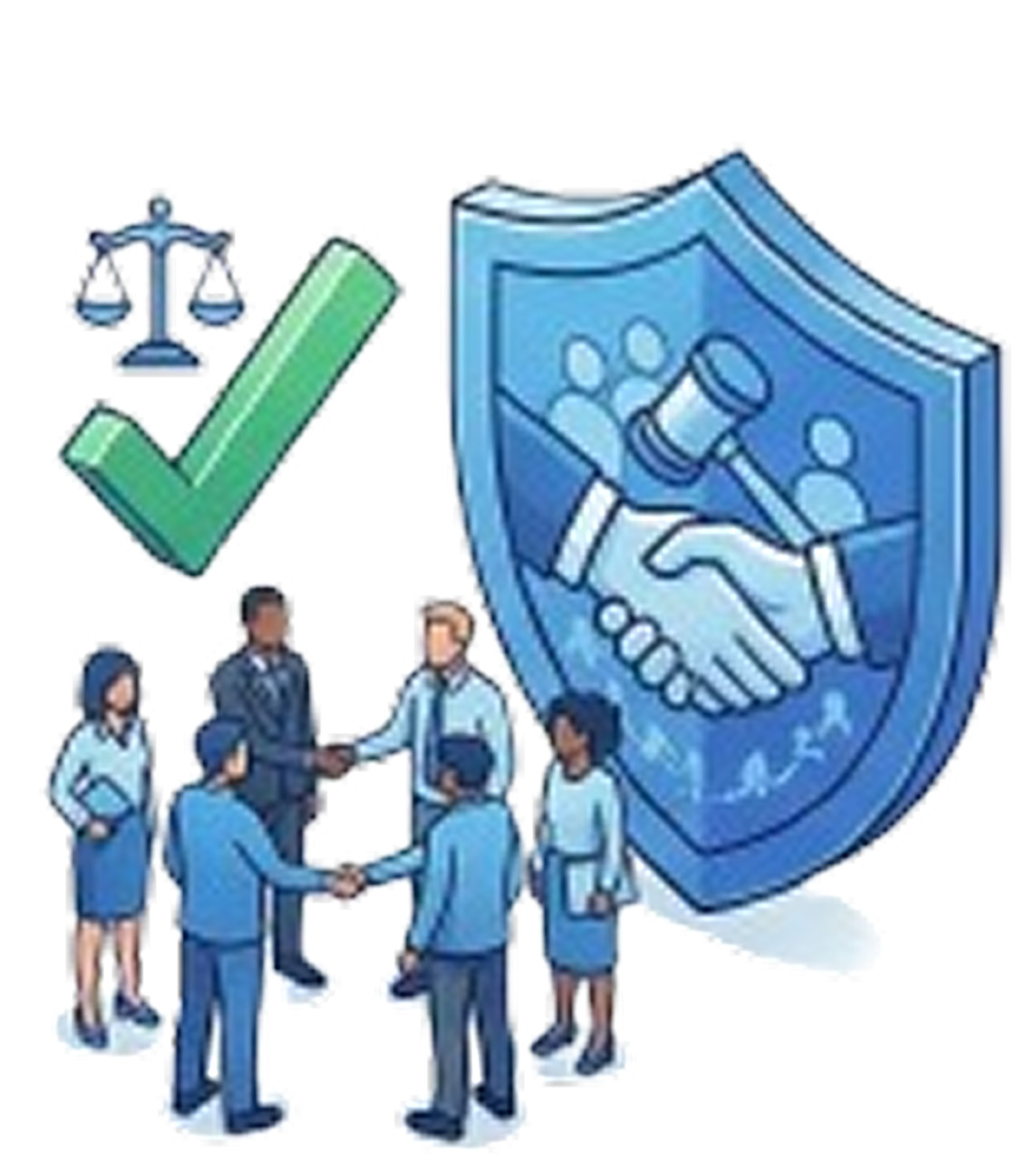 Business people shaking hands representing legal agreement and trust with a shield showing handshake and gavel, and a balance scale with a green check mark.
