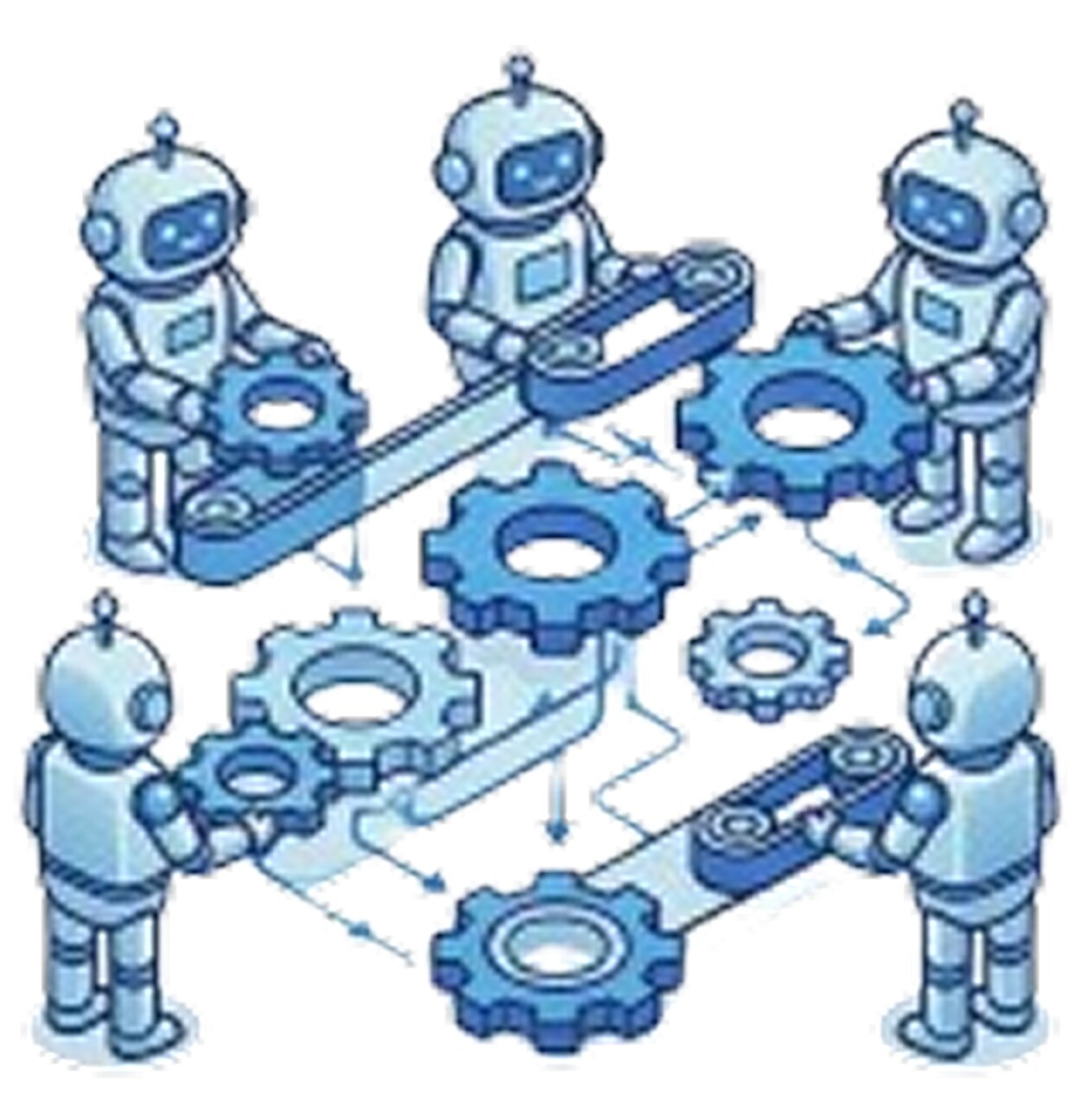 Illustration of five robots assembling and connecting multiple interlocking gears on a white background.
