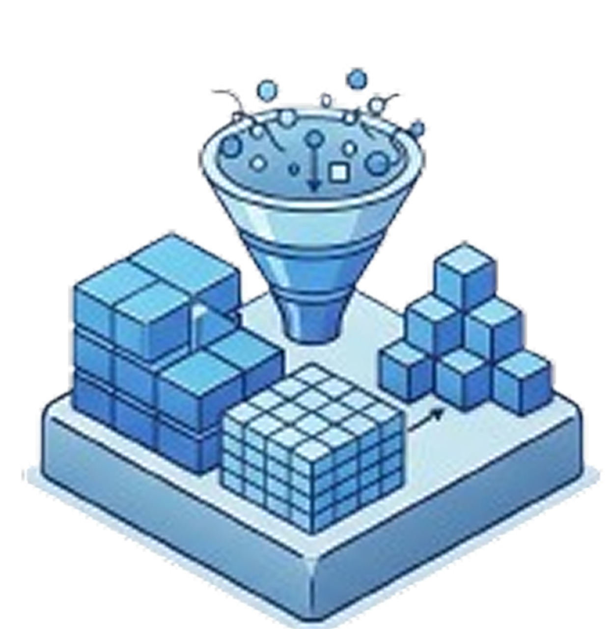 Blue funnel above layered cubes representing data processing and structuring.