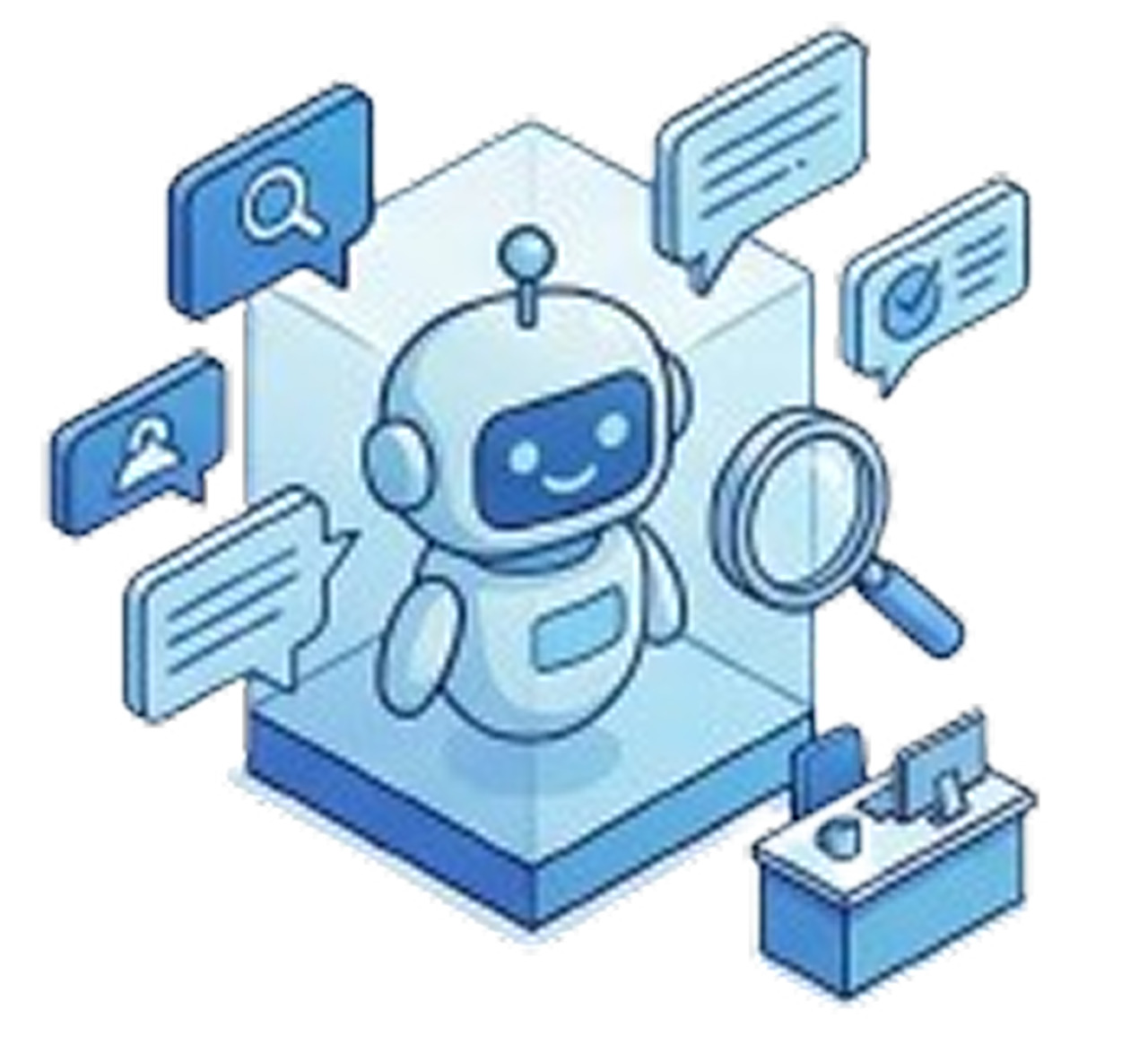 Isometric illustration of a smiling robot inside a glass case surrounded by chat bubbles with icons and a magnifying glass, next to a desk with a computer.