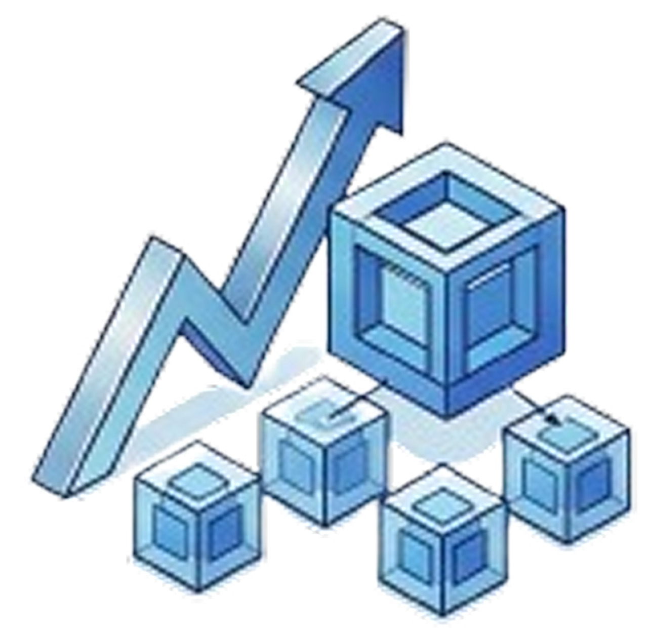 Illustration of four small cubes connected to a larger cube with an upward trending arrow, symbolizing blockchain growth or network expansion.