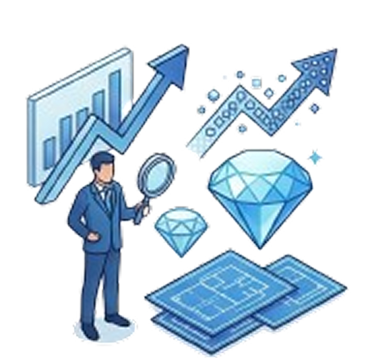 Illustration of a businessman holding a magnifying glass with upward financial graphs, diamonds, and architectural blueprints.