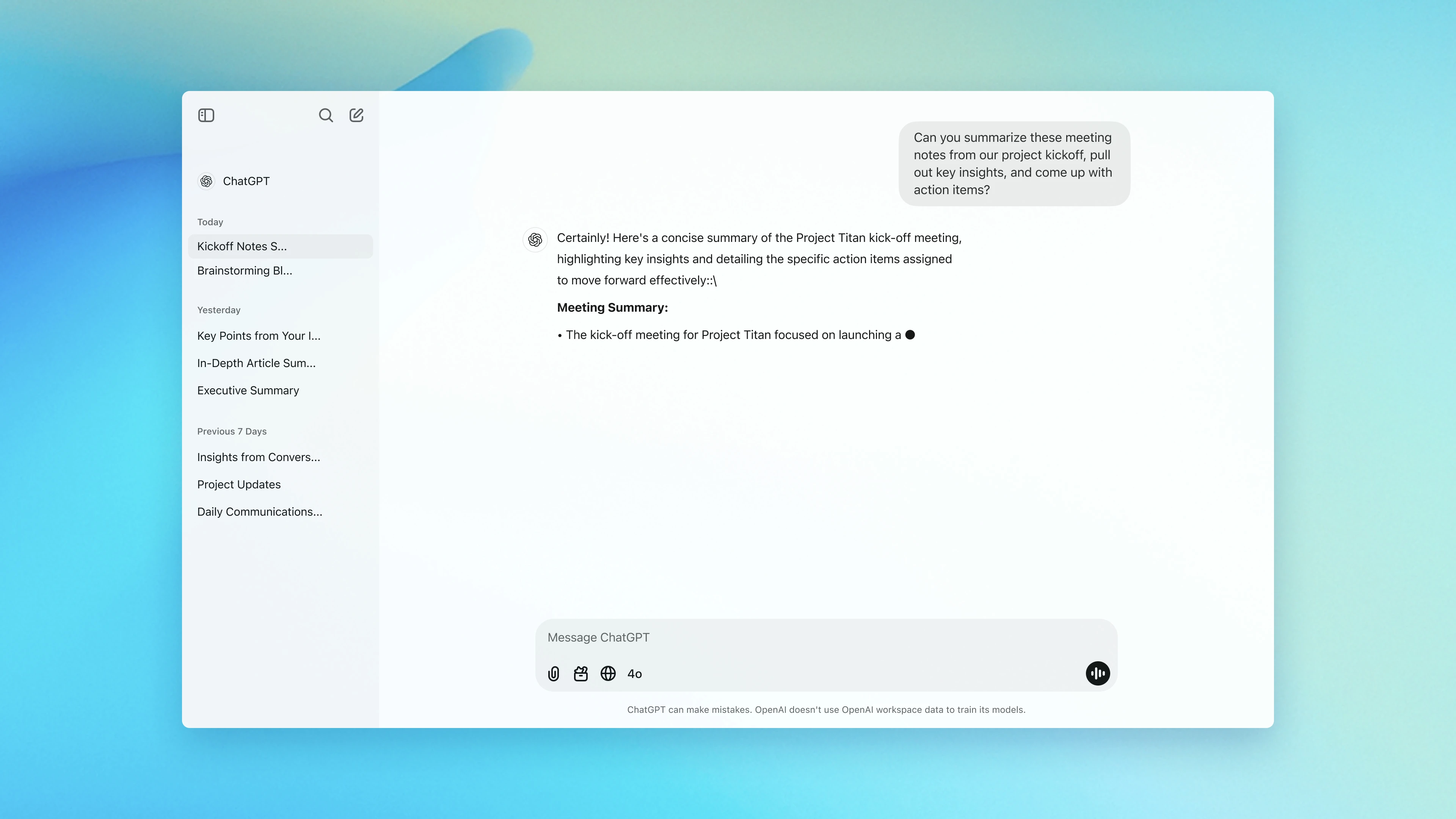 OpenAI ChatGPT sample chat on a green and blue gradient background