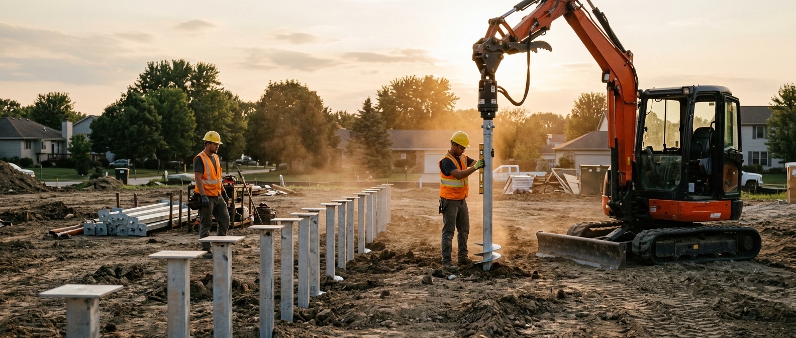 Crew installing helical piles for a new home foundation at golden hour, with a row of capped piles in the foreground