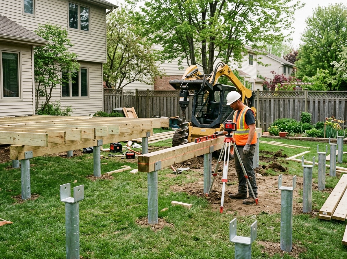 Backyard deck foundation on galvanized helical piles with U-brackets and a partly built deck frame