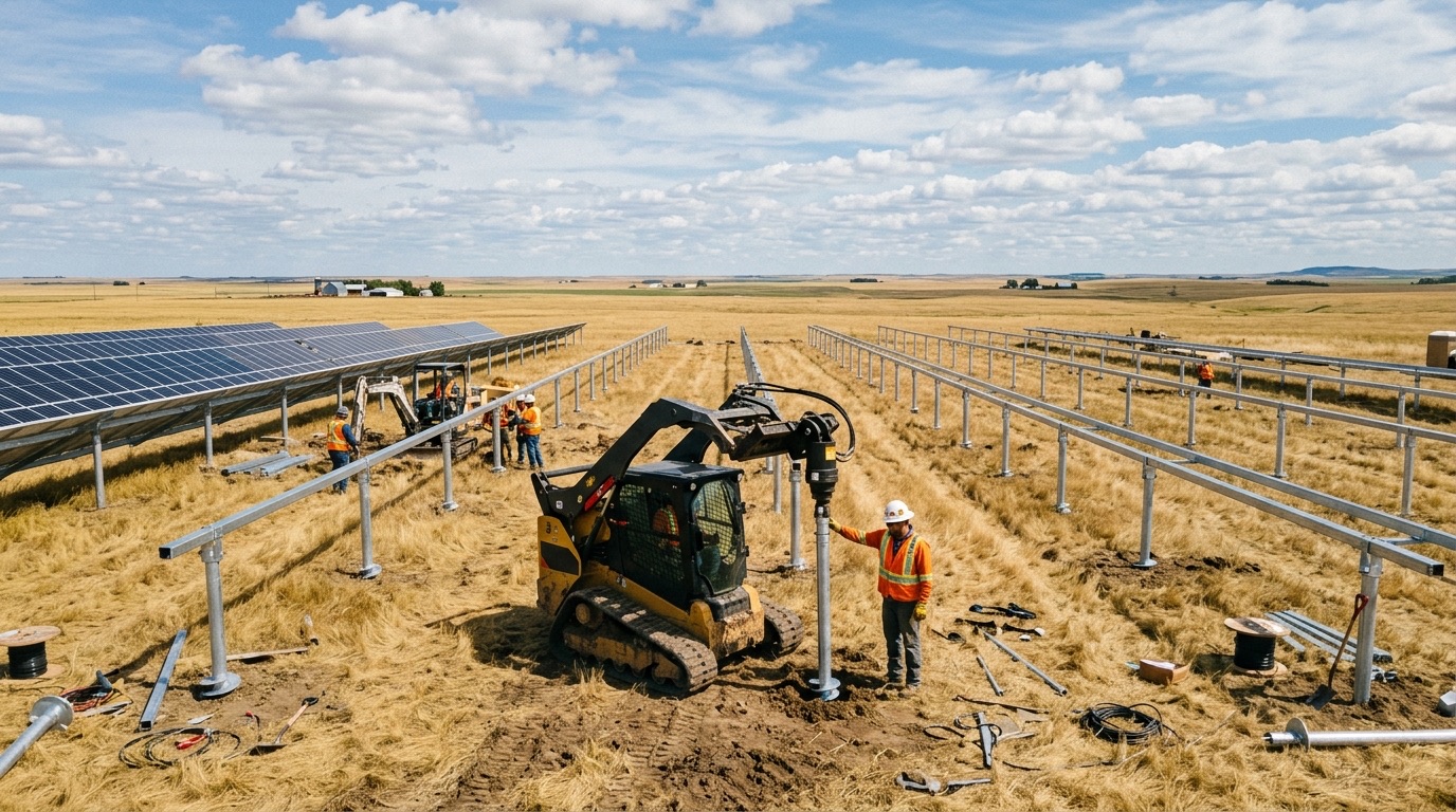 Ground-mount solar farm being built on helical pile foundations in a prairie field