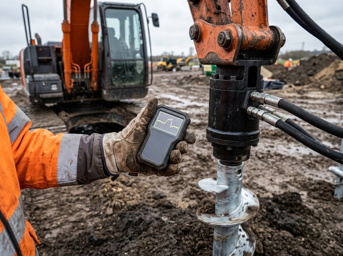 Gloved installer holding a digital torque monitor beside the hydraulic drive head turning a helical pile