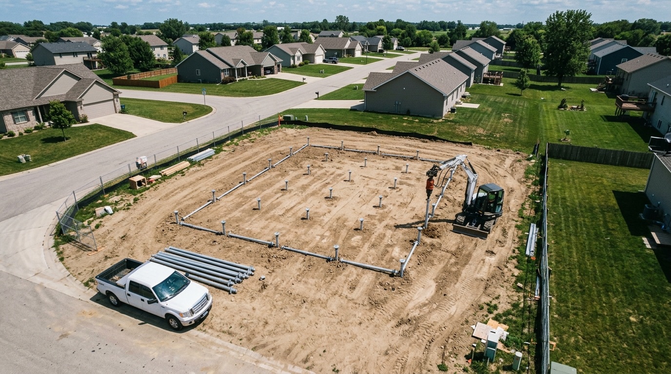 Aerial view of a residential lot with a grid of installed helical piles