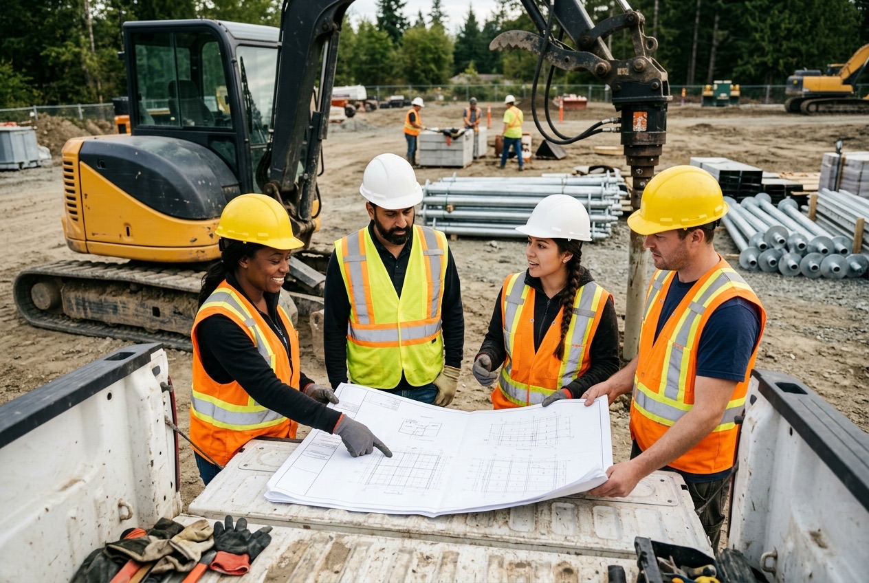 Helical pile crew in hard hats and hi-vis vests reviewing foundation plans beside their rig