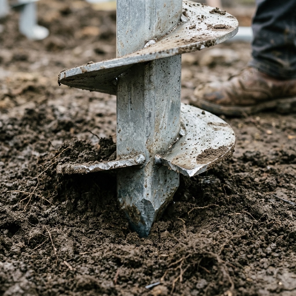 Close-up of a galvanized helical pile tip and helix plate screwing into dark soil