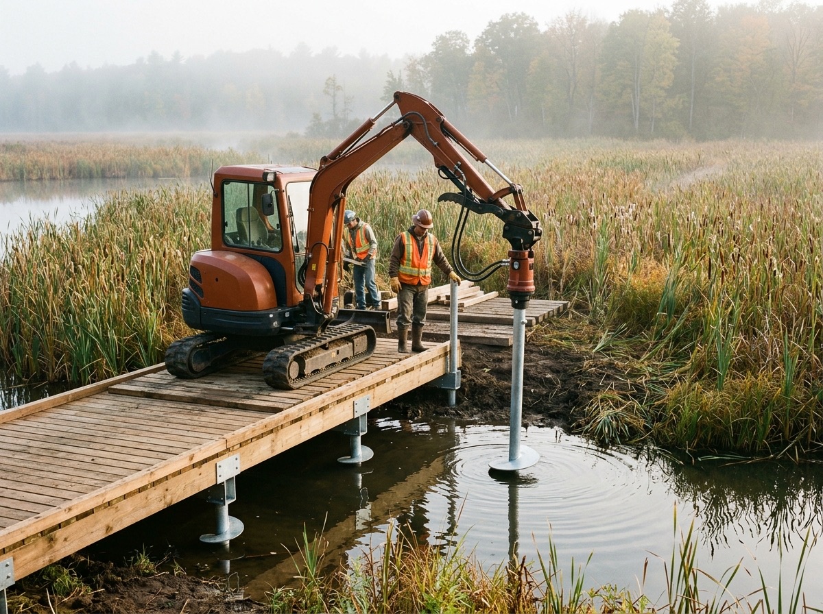 Low-impact mini excavator installing helical piles for a wetland boardwalk through a misty marsh
