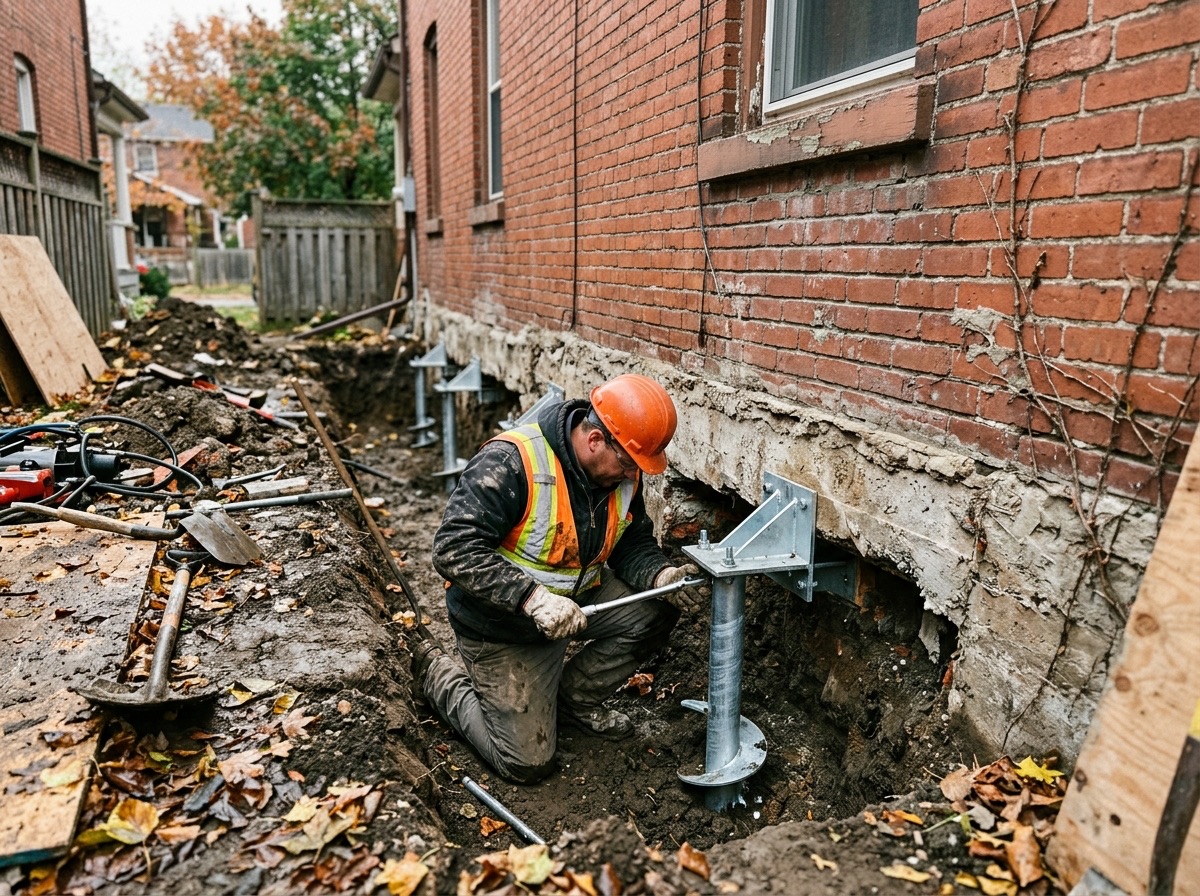 Installer attaching helical pier underpinning brackets to the footing of an older brick home in an excavated trench