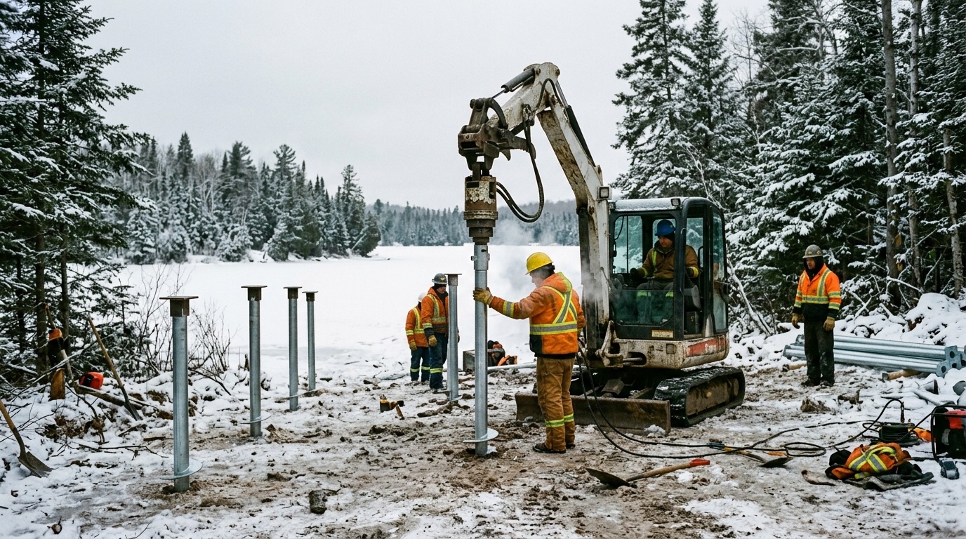 Winter helical pile installation on frozen ground for a lakeside cottage in a snowy Canadian forest