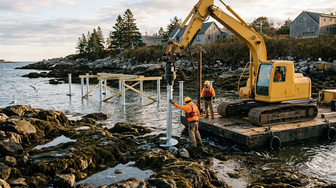 Excavator on a barge installing helical piles for a new timber dock on a rocky Atlantic coastline