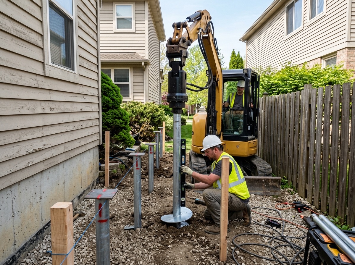 Mini excavator installing helical piles for a sunroom addition in a narrow residential side yard
