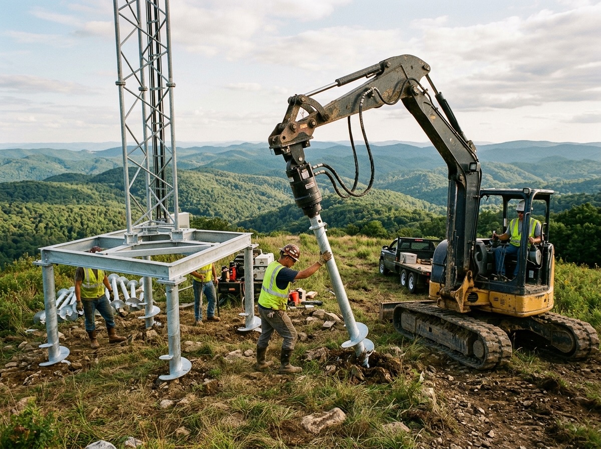 Crew installing helical anchors for a steel telecom tower foundation on a hilltop