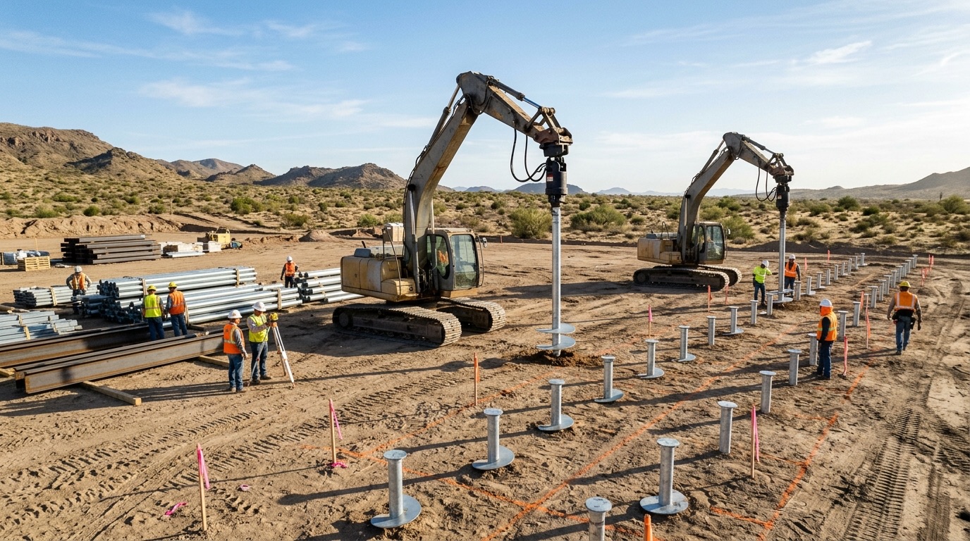 Two excavators installing a grid of large helical piles on a commercial construction site with stacked steel beams