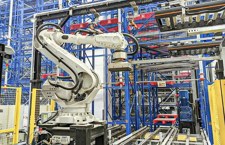 A white robotic arm labeled "bpsglobal" operates in Hong Kong Advanced Manufacturing Center. The background features blue and red industrial shelving, conveyor belts, and a complex framework of machinery.