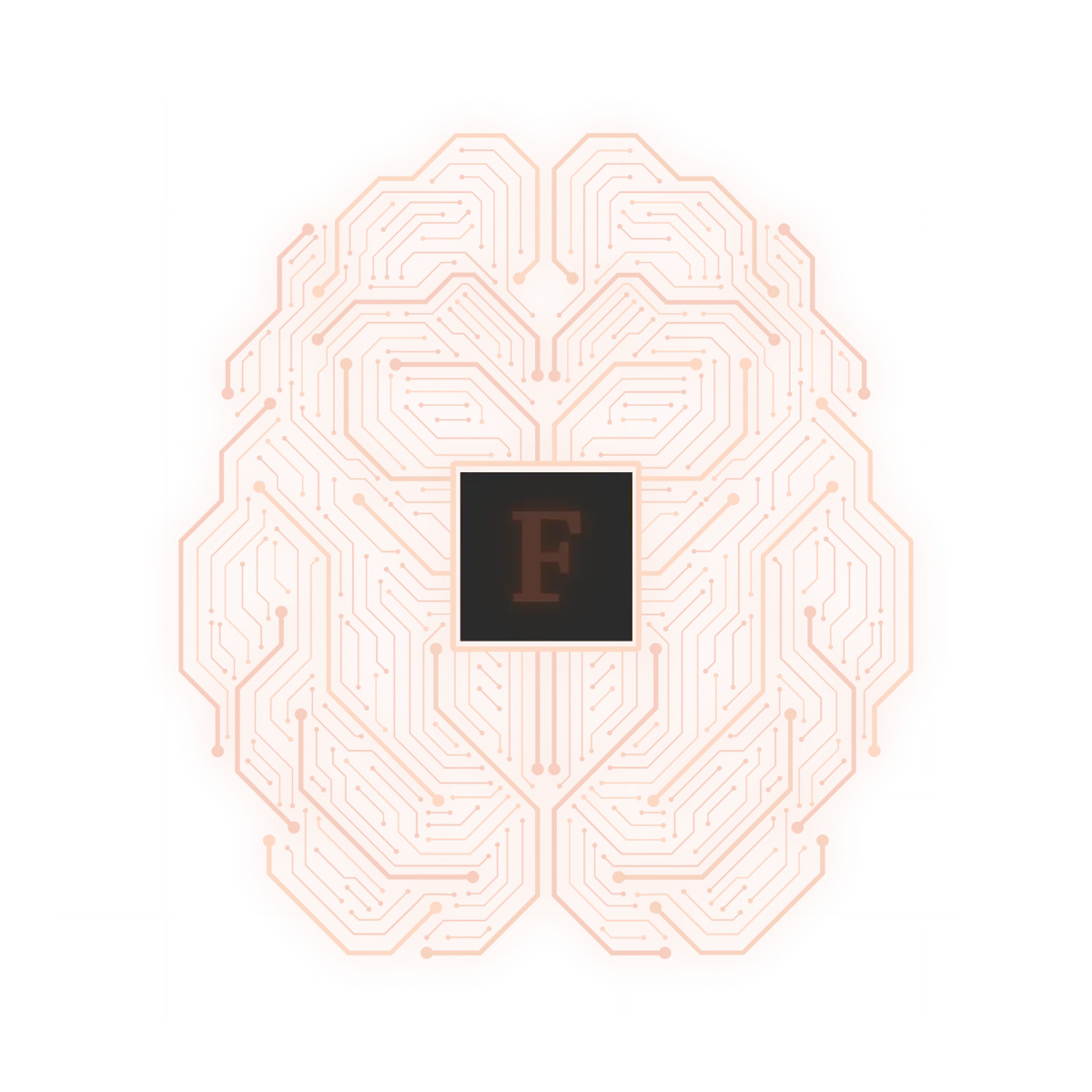 Abstraktes Gehirn-Symbol mit einem F-Logo in der Mitte, in orangefarbenen Linien gezeichnet