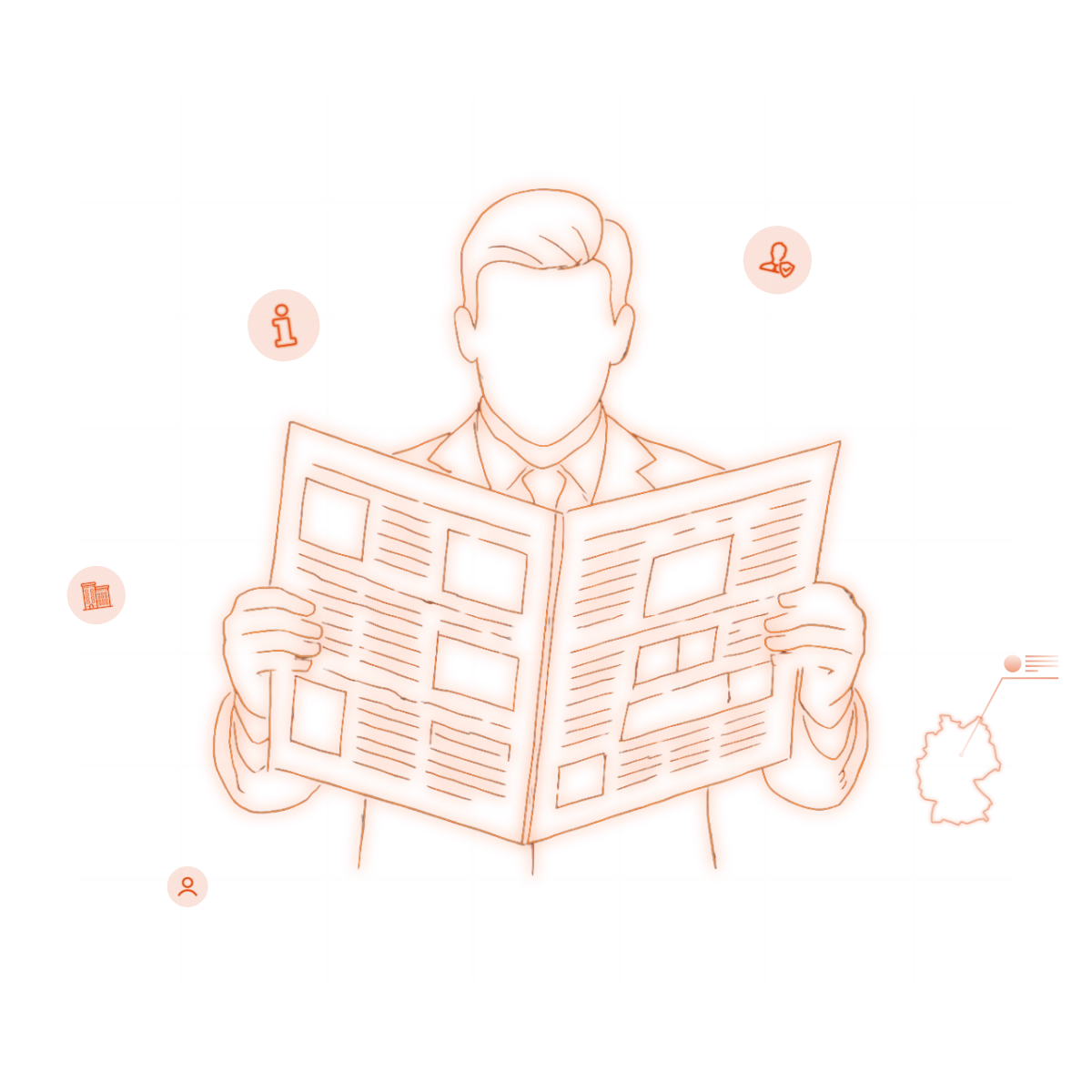 Illustration eines Mannes mit Zeitung in der Hand, in Orange auf dunklem Hintergrund