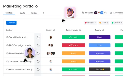 Marketing portfolio table with projects, assigned persons, project health, and priority status.