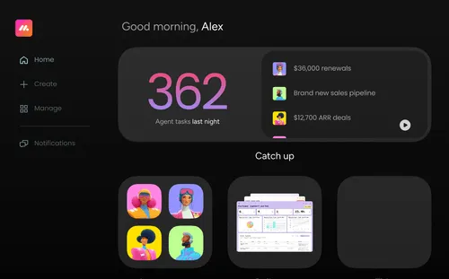 Dashboard greeting Alex showing 362 agent tasks last night with sales updates and team avatars.