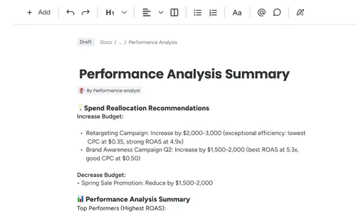 Document titled Performance Analysis Summary with budget increase and decrease recommendations for campaigns.