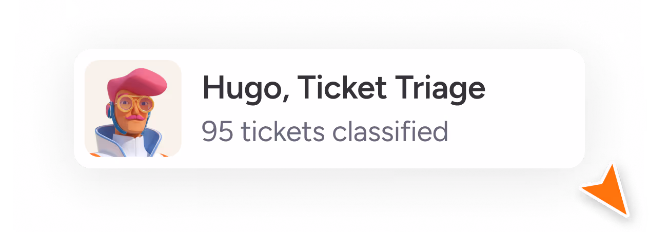 Stylized avatar of a Agent Hugo, Ticket Triage, 95 tickets classified.