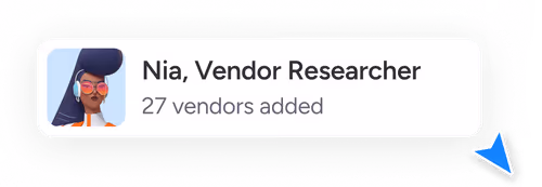 Stylized avatar of a Agent Nia, Vendor Researcher, 27 vendors added.