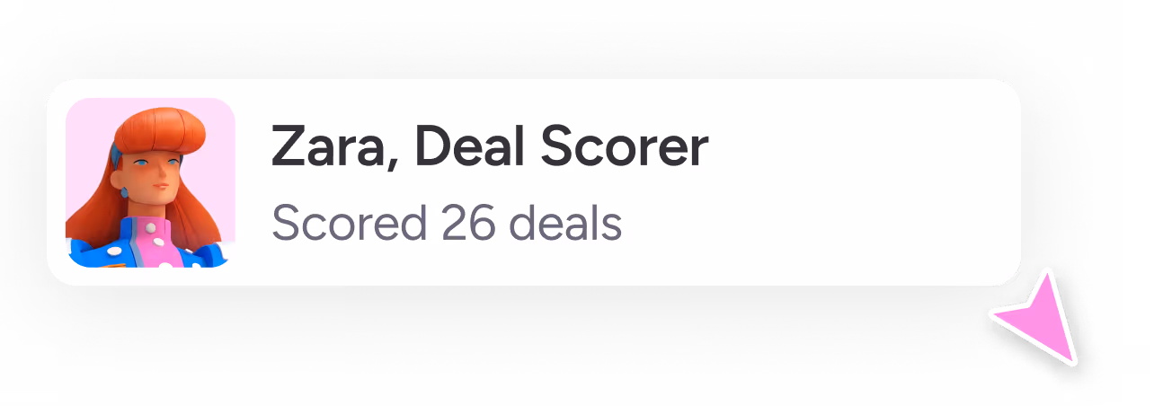 Profile card for Agent Zara, Deal Scorer, who scored 26 deals.