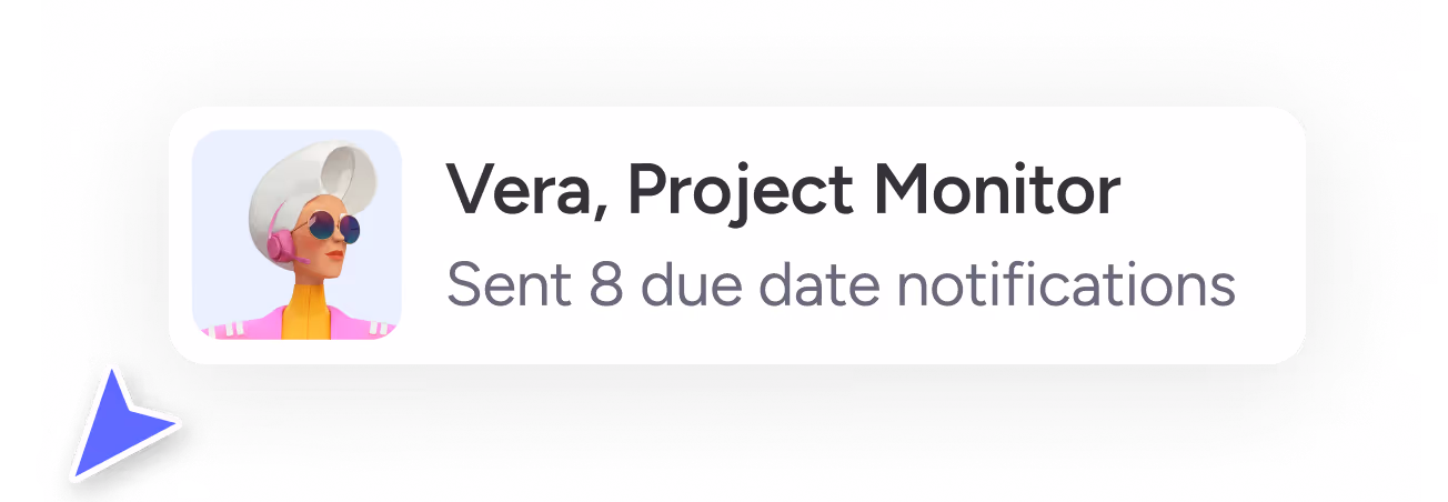 Profile icon of Agent Vera, Project Monitor, who sent 8 due date notifications.