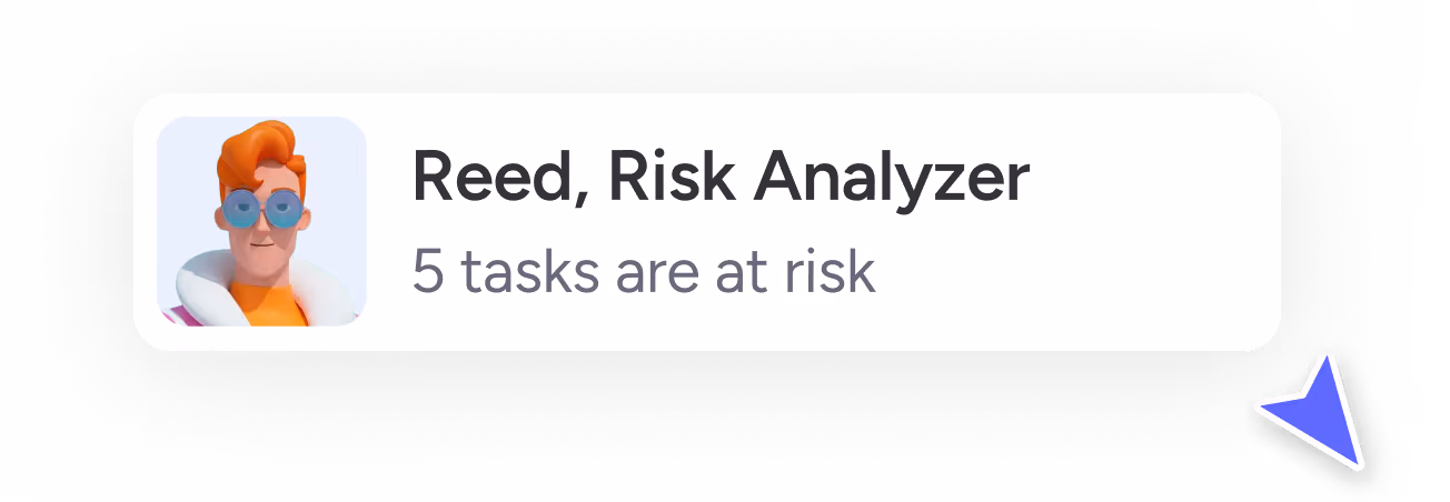 Profile card of Agent Reed, Risk Analyzer, showing 5 tasks are at risk.